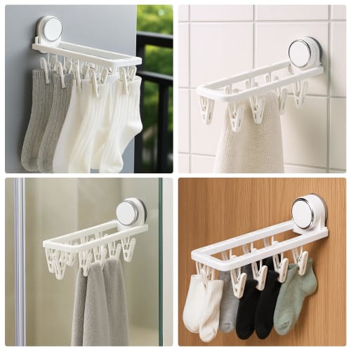 Powerful Vacuum Suction Cup Mini Clothes Dryer, 9-Pinch, Foldable, Space-Saving, Windproof, Indoor/Outdoor Use, Small Item Storage (White)
