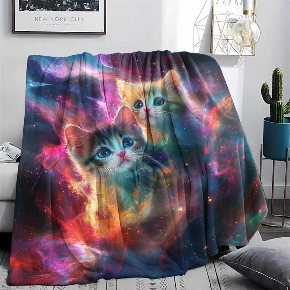 Weiße Katzen-Print Flanelldecke, Hohe Qualität, Bequem für alle Jahreszeiten, Heimdekoration, Wärme und Komfort, Perfekt für Weihnachtsgeschenke