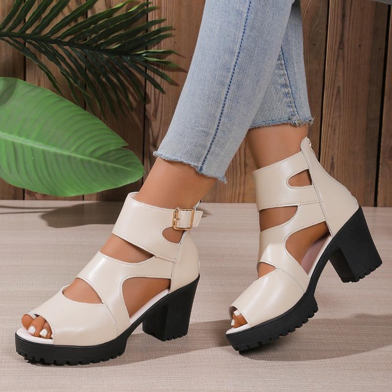 High Heeled Roman Sandals Women's Plus Size 2025 Summer New Thick Heel Cutout Heel Sandals