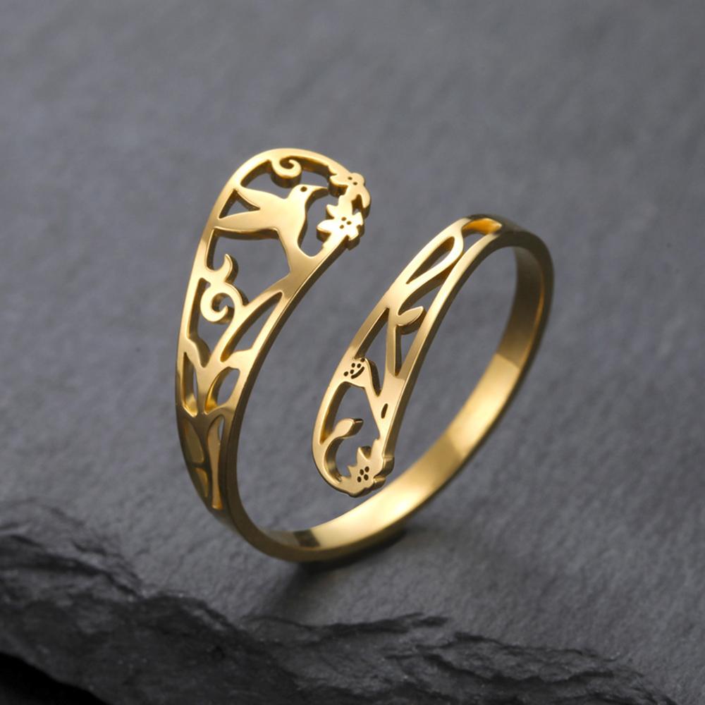 

My Shape Bird Flower Filigree Rings Stainless Steel Floral Hummingbird Finger Ring Adjustable Size Fashion Jewelry Girls Gifts resizable