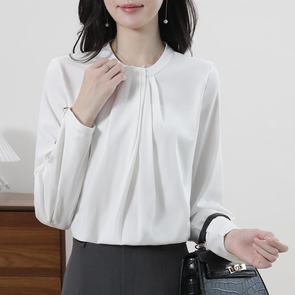 Sueeya Tuck Gathered Puff Sleeve Long Office Entrance Ceremony Women's Blouse, Top, Sleeve, Wear, Elegant, Versatile, Cute, Formal, Office, Commuting,