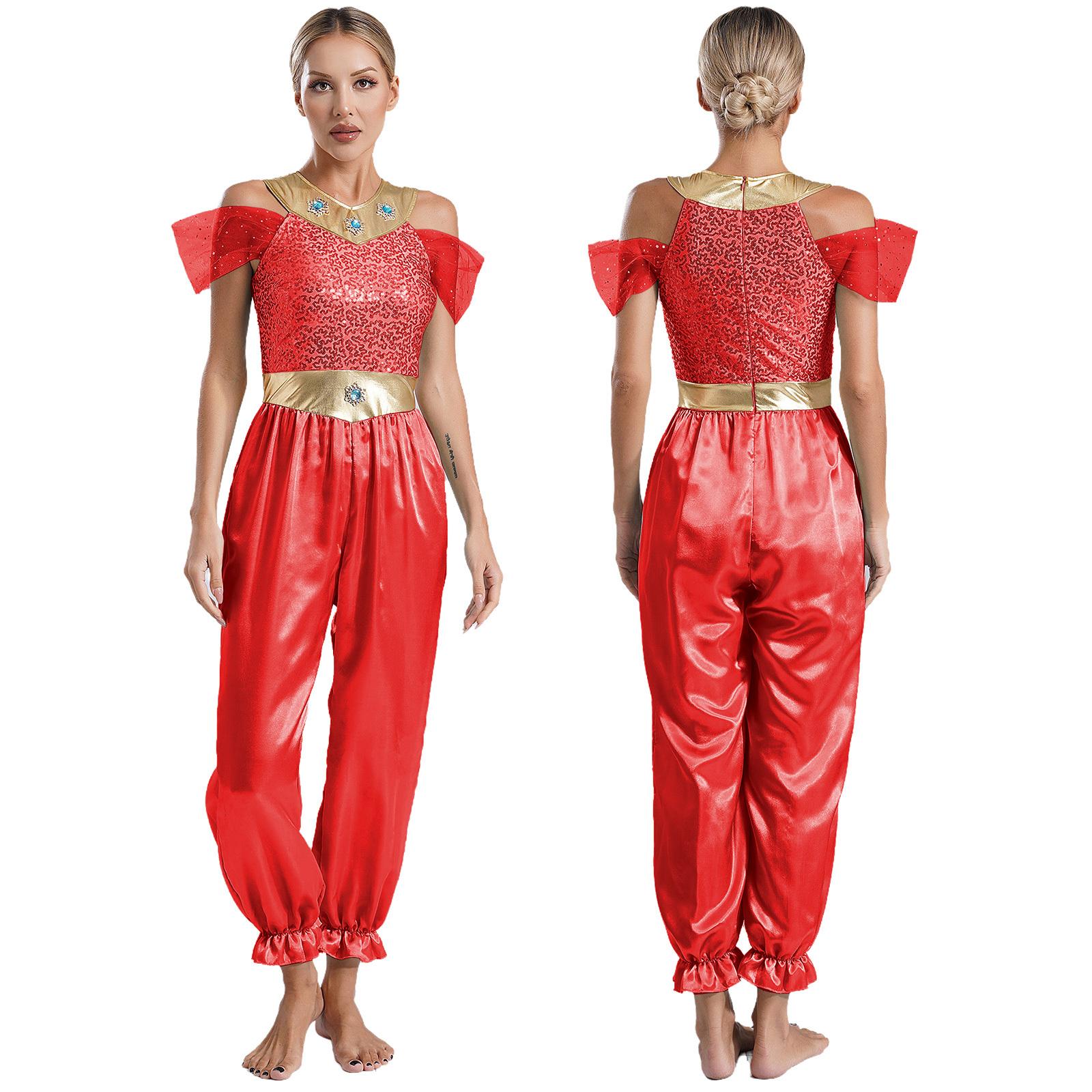 

Женский костюм Болливуда для танца живота, комбинезон с брюками-тыквами и накладкой из тюля, цельный комбинезон для арабского косплея на Хэллоуин L красный