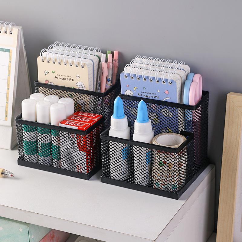 Office Metal Storage Grid Pen Holder: Multifunctional Student Desk Organizer, Wrought Iron Two-Compartment Design