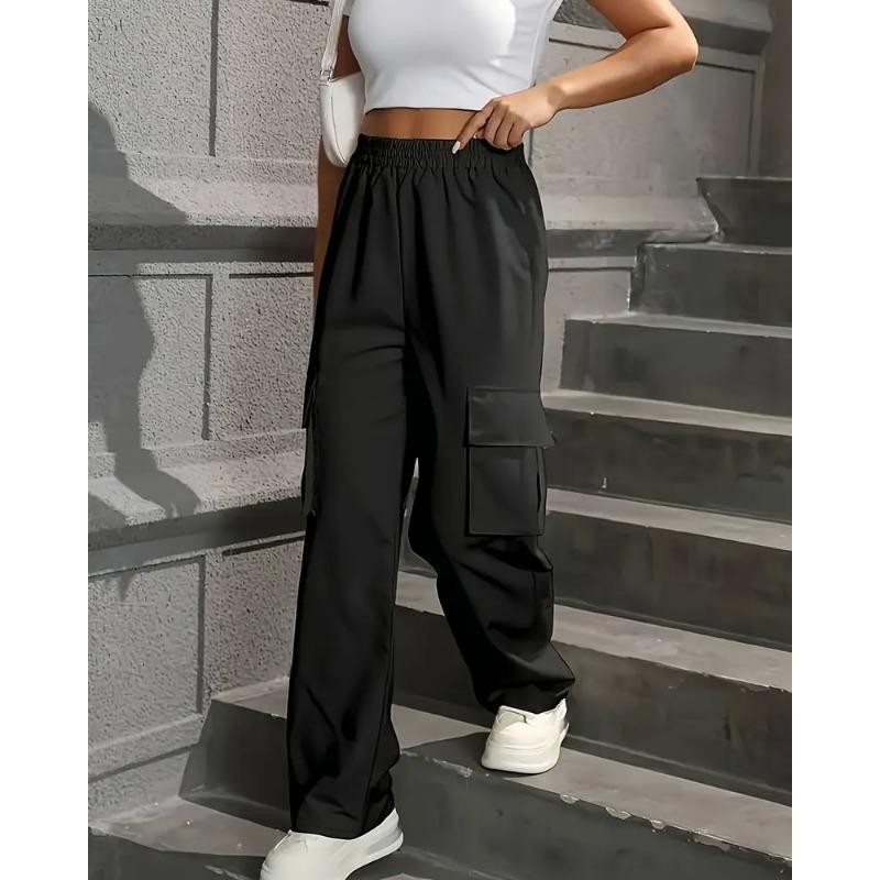Elastic Waist Fashionable Workwear Pants High Waist Wide Leg Pants Loose Solid Color Casual Sports Pants WOMEN'S Sportswear
