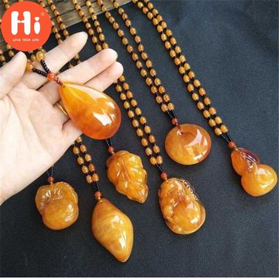 Hi Vintage Bohemian Ethnic Style Beeswax Amber Pendant Beaded Women's Sweater Chain Necklace