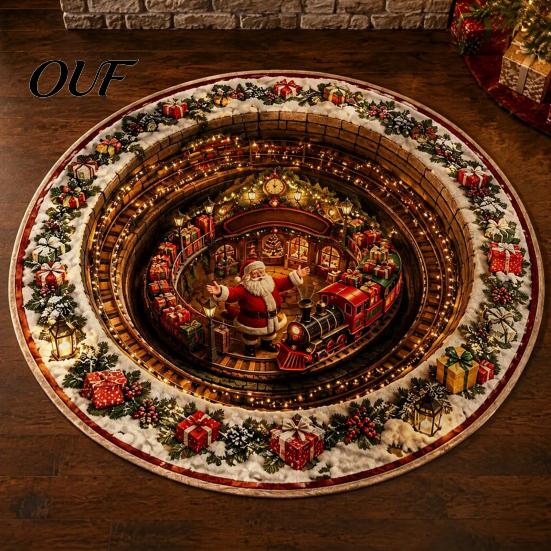 Christmas Party Supplies 3D Round Rug, Optical Illusion Area Santa Claus Deep Hole Floor Mat Prints, Non-slip Welcome Rug for Entrance Living