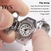Retro Design Ring Timepiece Colorful Rhinestone Watch with Flip Cover Elastic Stainless Steel Band Oval Dial Women Finger Birthday Gift Fashion