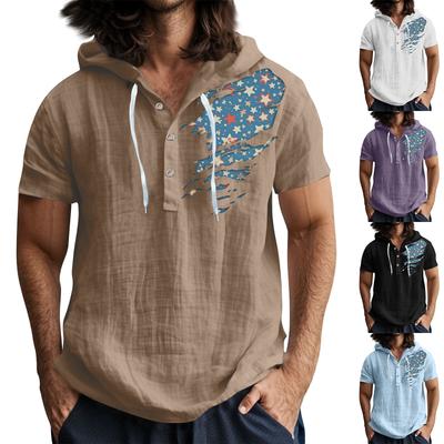 Men'S Casual Short Sleeved Hooded Top Buttoned Open Neck T-Shirt