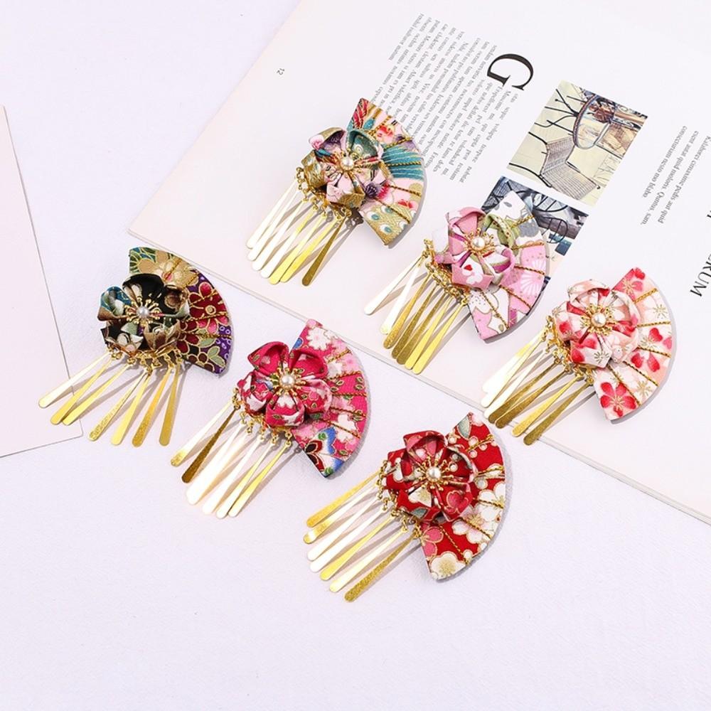 Elegant Kimono Hair Clip Metal Tassel Traditional Fan Shape Hairpin Sakura Flower Cloth Flower Hair Accessories Kids Girls