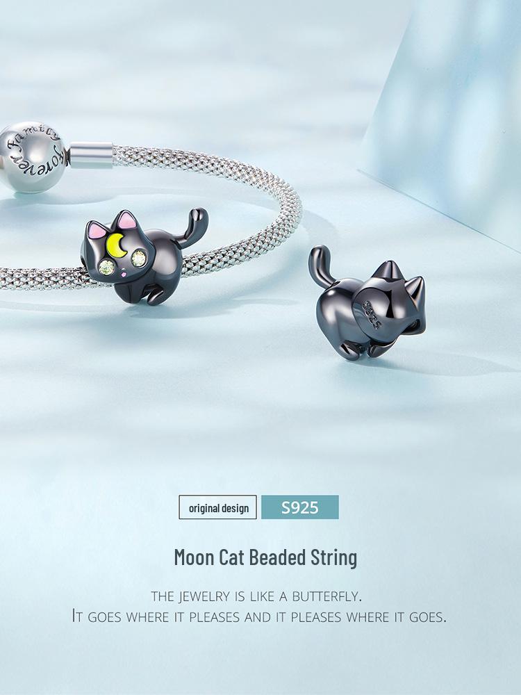 Sterling Silver S925 Moon Cat Beaded Bracelet with Black Gold Plated Zircon Halloween Beads