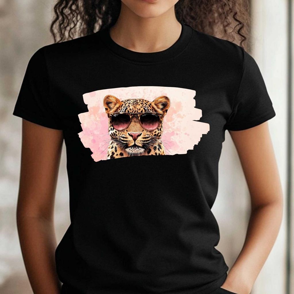 Women's Leopard T-Shirt with Sunglasses Motif Cotton Size XS To 3XLWill Open In a New Window or Tab
