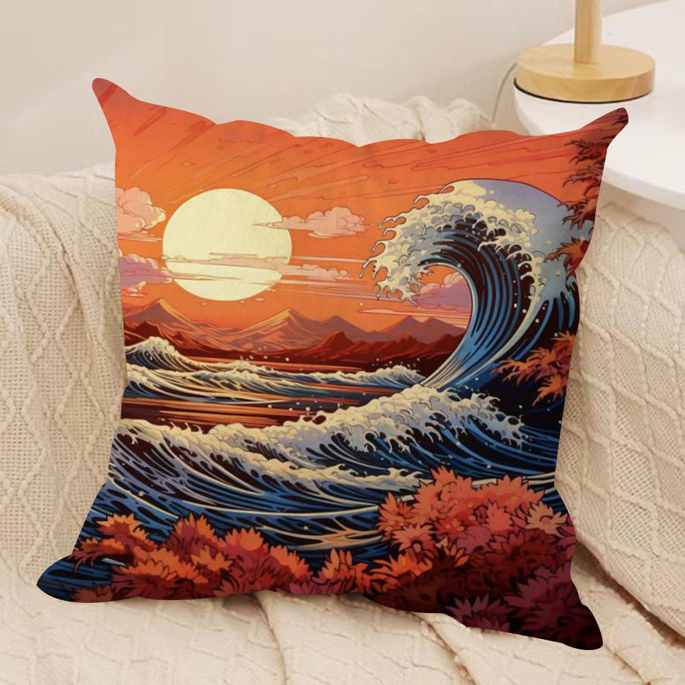Japanese Waves Cushion Cover Silky Short Plush DoubleSided Printed Pillow Case for Sofa All Seasons Home Decor Gift