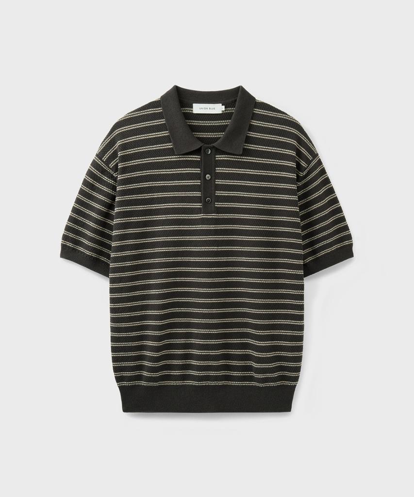 Yunionbeullu Hard Twist 2Line Stripe Polo Knit [Earth Khaki]