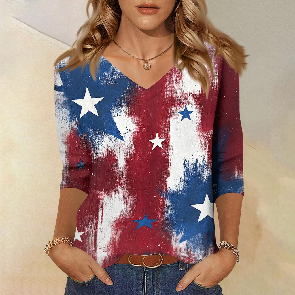 Womens V Neck 34 Sleeve Loose Fit Casual Blouse Flag Print Top Seven Quarter Sleeve Shirt for Daily Wear