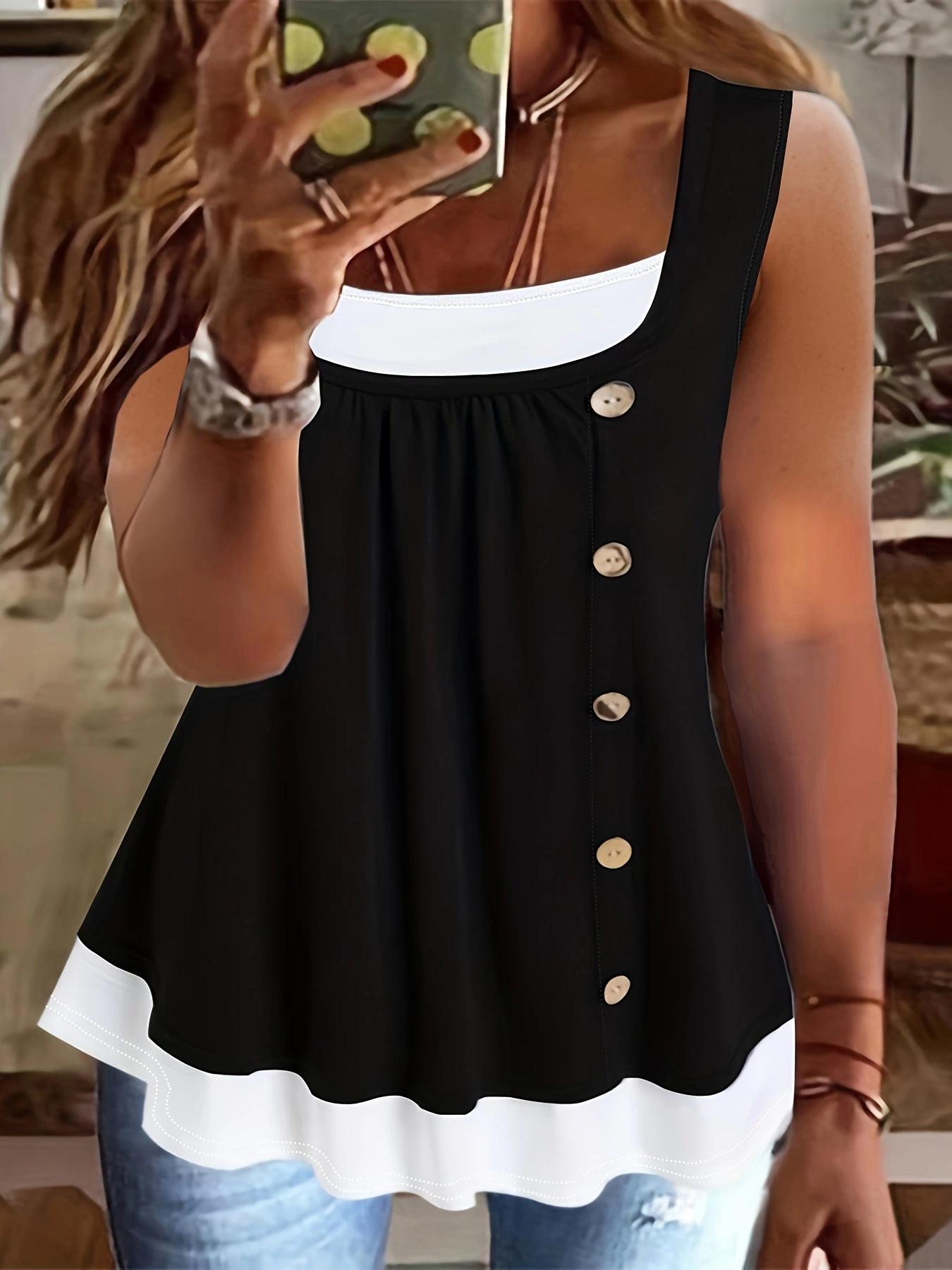 Amazon Independent Station summer hot sale women s vest top, casual color matching pleated solid color button vest women S чёрный
