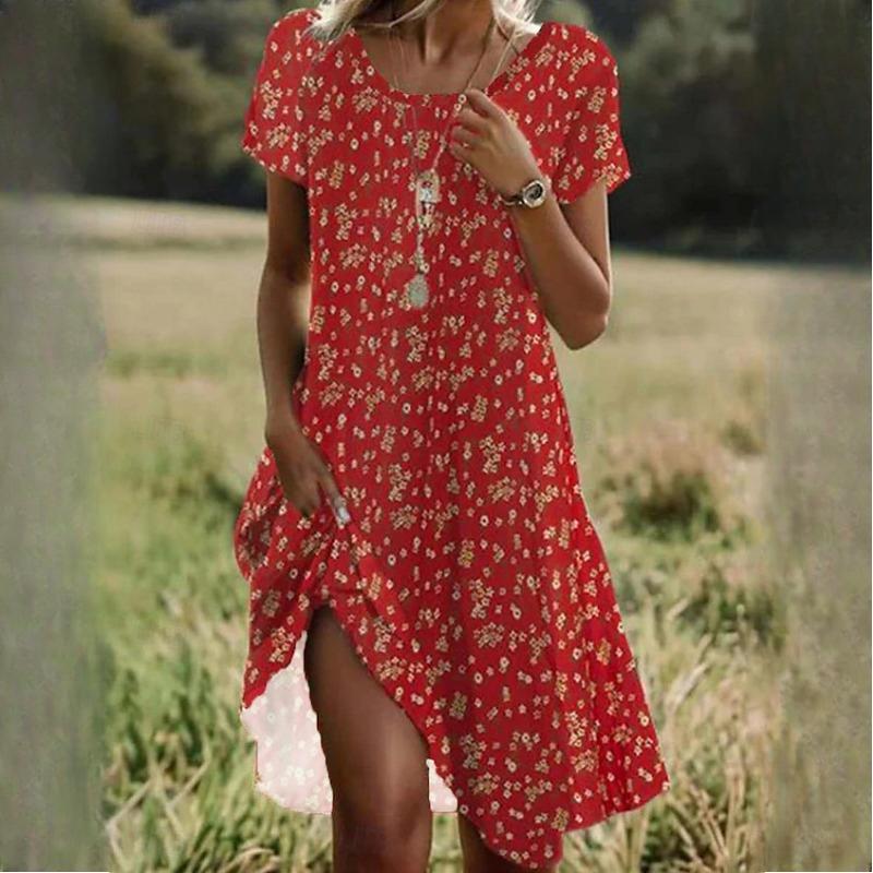 

GMXIA Women s Summer O-Neck Simple Printed Casual Knit Dresses XL красный