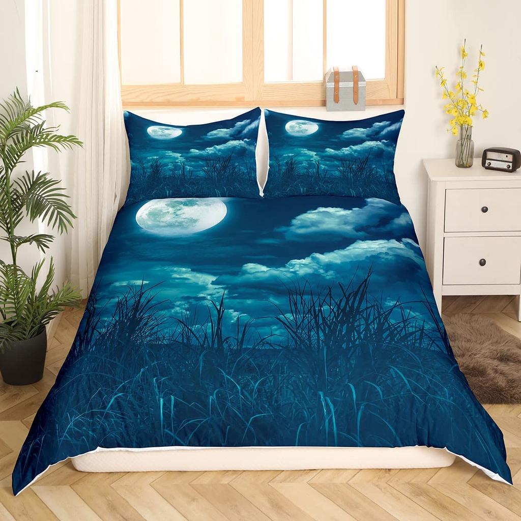 Deep Ocean Duvet CoverSeawater Bright Moon At Sea Starry Night Sky Galaxy Summer Hawaiian Holiday Comforter CoverBedding Set