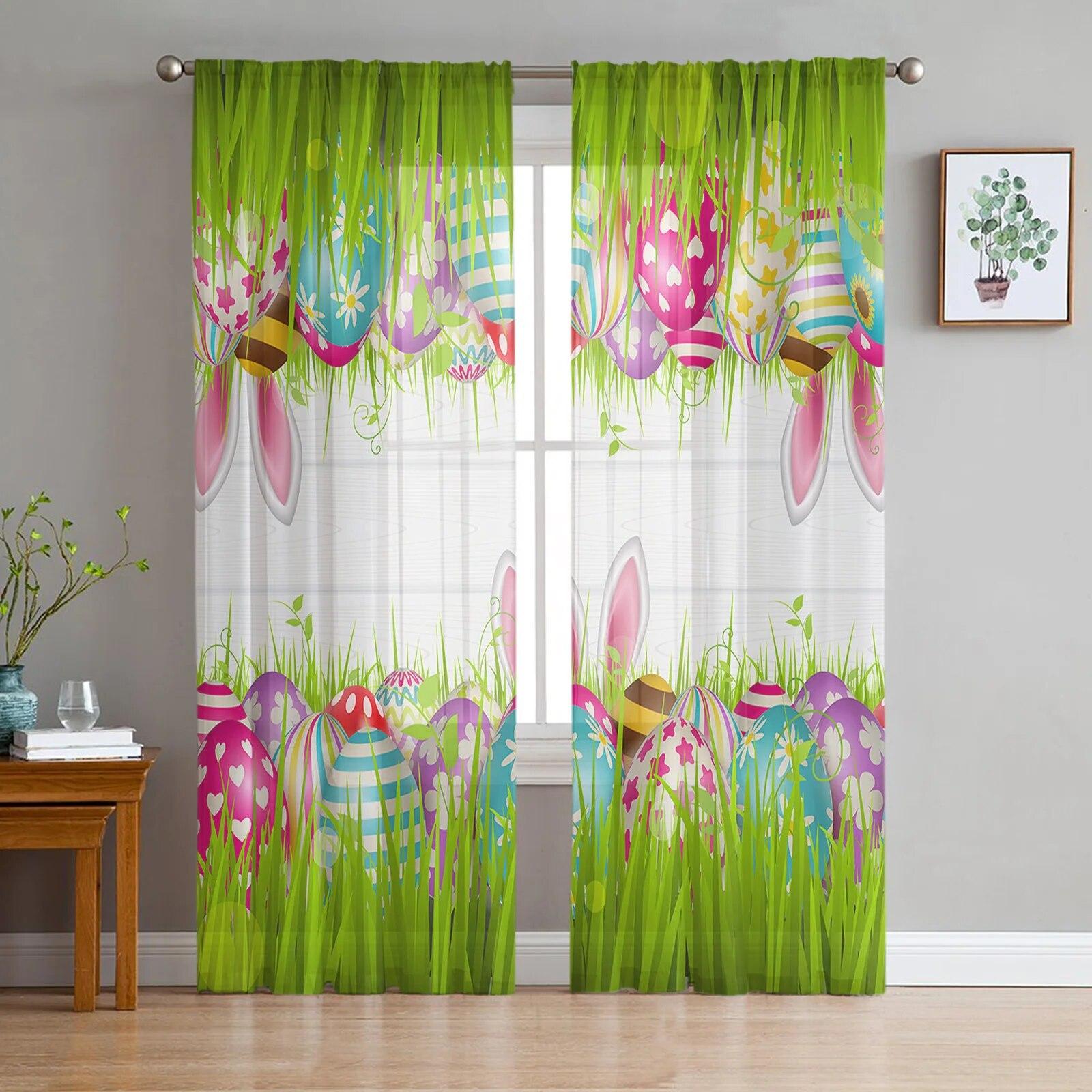 

Пасхальные весенние цветные прозрачные тюлевые оконные шторы с яйцом и кроликом для гостиной, спальни, кухни, вуаль, украшение для дома W135 x H114cm
