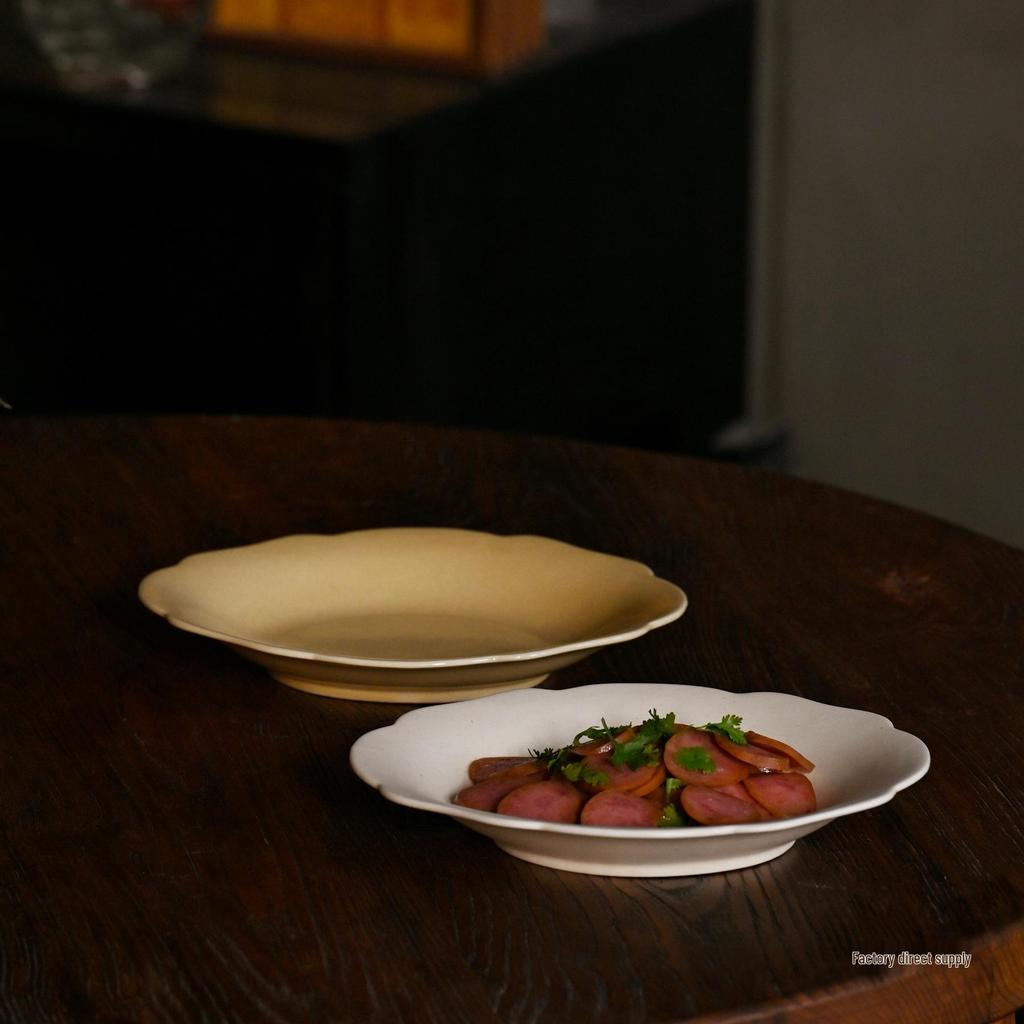 9" Handmade Chinese Beige Ceramic Petal Dinner Plate