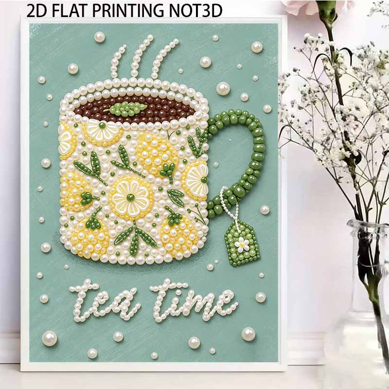 Easy DIY Framed Pearl Bead Painting Kit with Lemon Tea Time Pattern 3D Sparkling Canvas Art for Home Decoration Relaxing Wall Gift Idea
