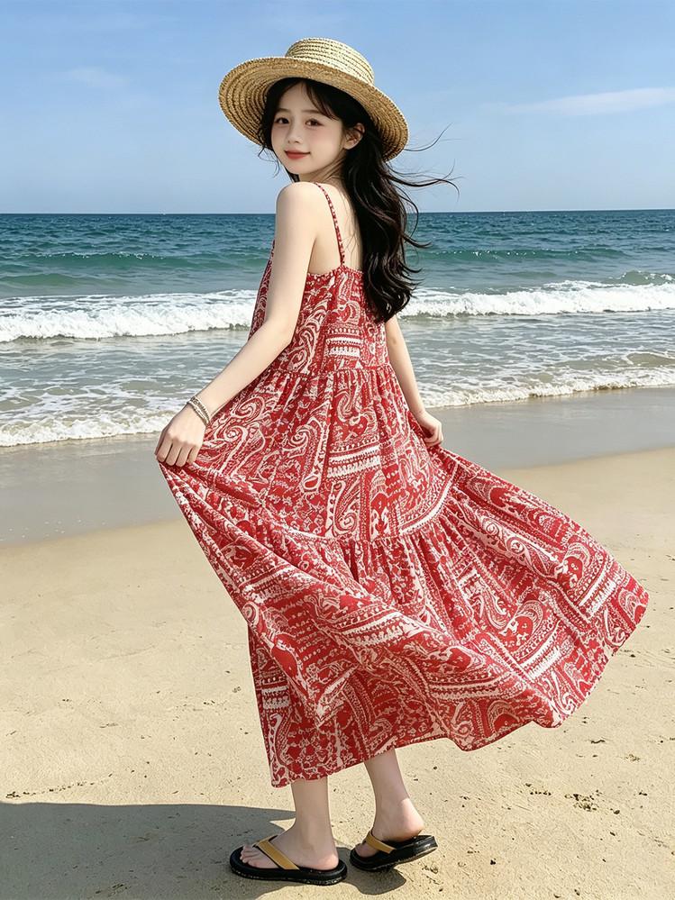 French Luxury Vacation Style Camisole Dress for Teenagers, Bohemian Floral Beach Casual Long Dress