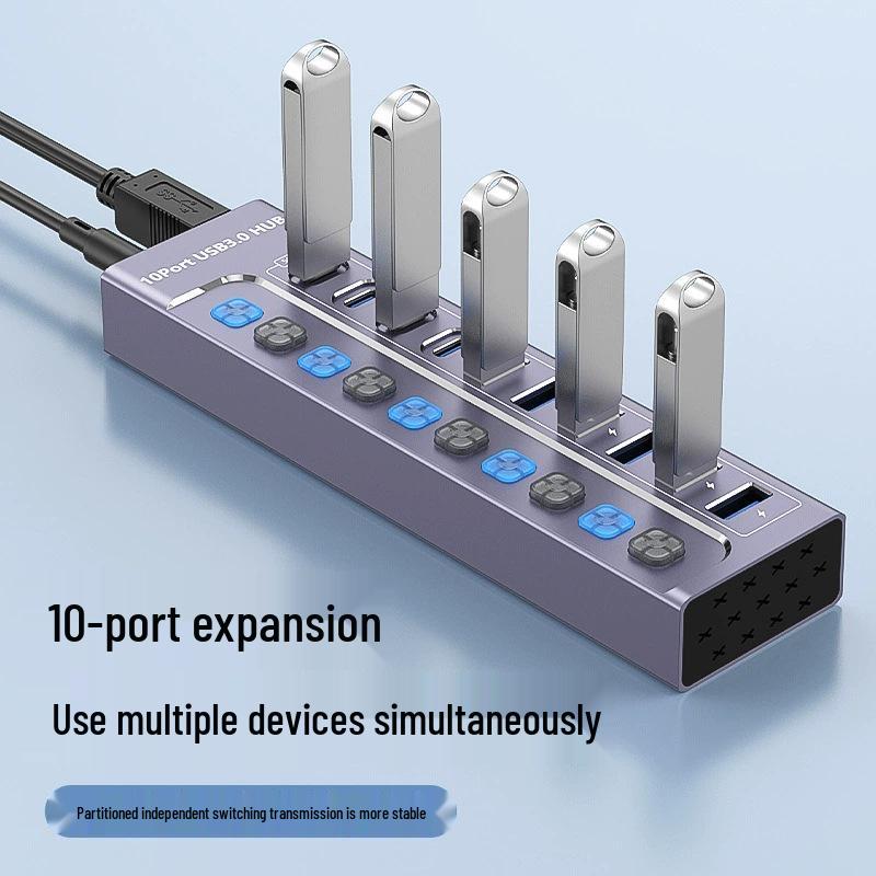 10-Port USB 3.0 Hub with Switch, Charging Type-C Port, One-to-Ten Splitter