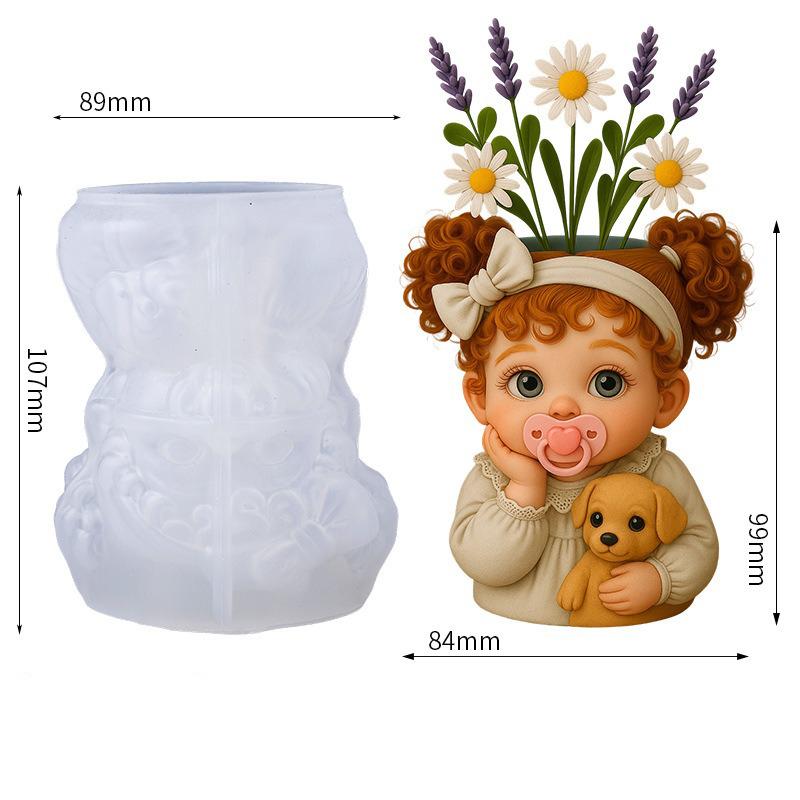 

3D Cute Baby With Dog Silicone Mold DIY Resin Vase Gypsum Pot Candle Holder Storage Container Home Decor Craft Making Mould белый