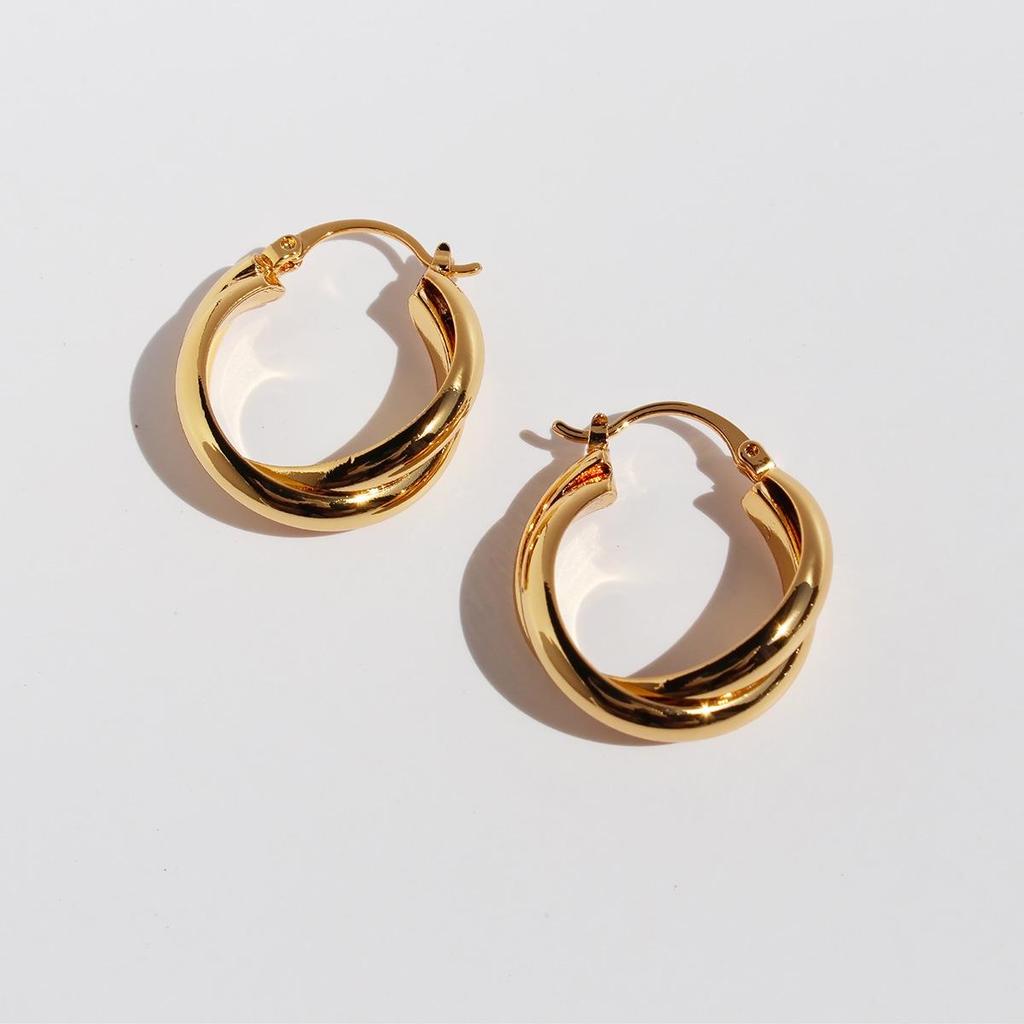 Chic Double-Line Cross Circular Earrings - Women's Fashion Metal Hoops