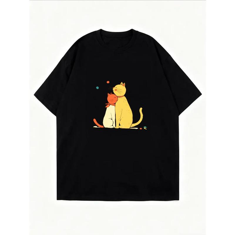 Niedliches Katzenpaar Bedrucktes T-Shirt Weiß Cartoon Katzen Design Für Freizeitkleidung Und Alltagsoutfits