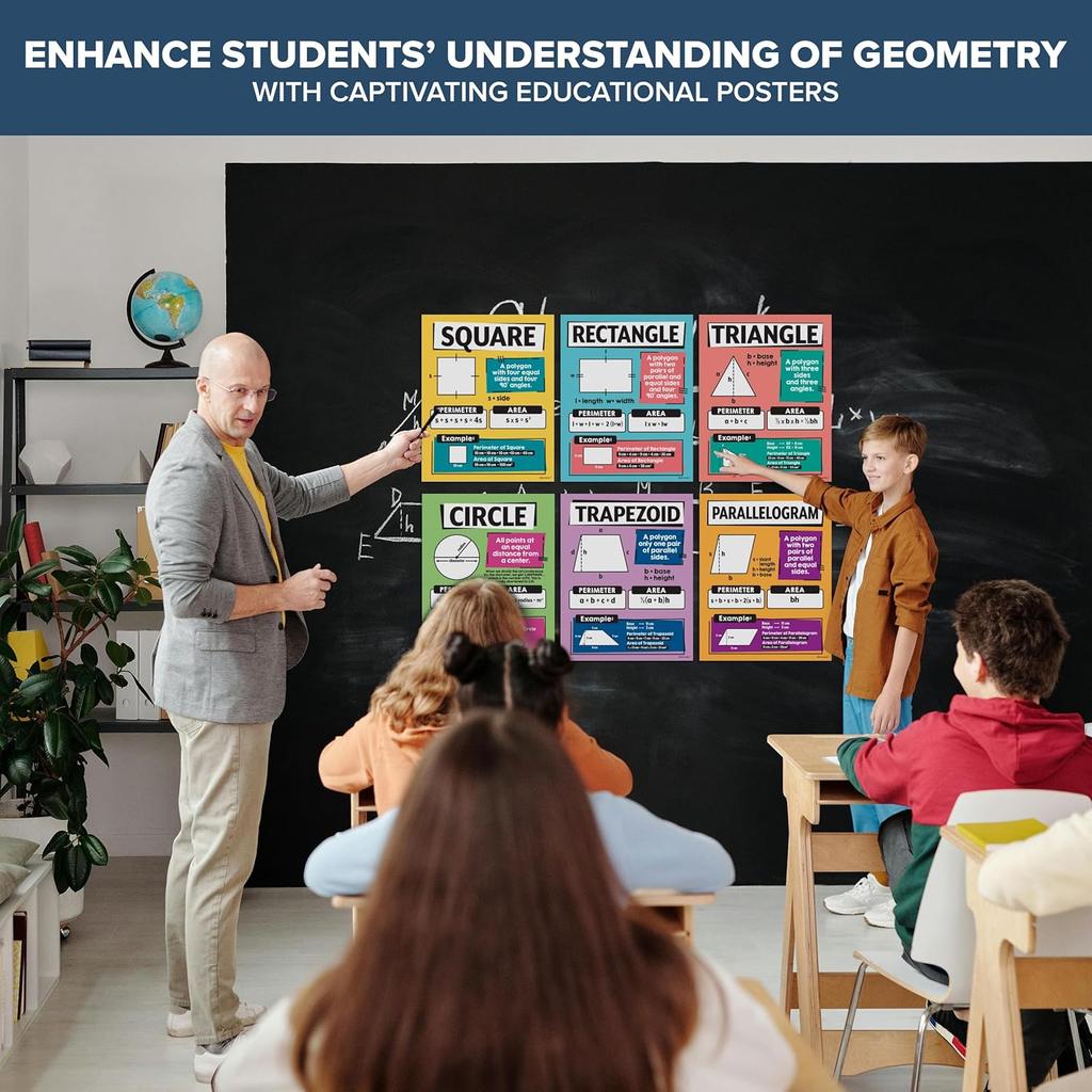 Decorably 14 Geometry Math Posters for Middle School, 11x14in Educational, Matte-Laminated Classroom Decor - for Hallways, Bulletin Boards, Home