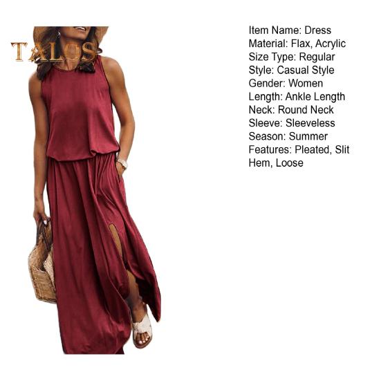 Women Summer Dress Pleated Round Neck Sleeveless Solid Color Loose Slit Hem Maxi Dress Daily Date Party Wear Long Dress