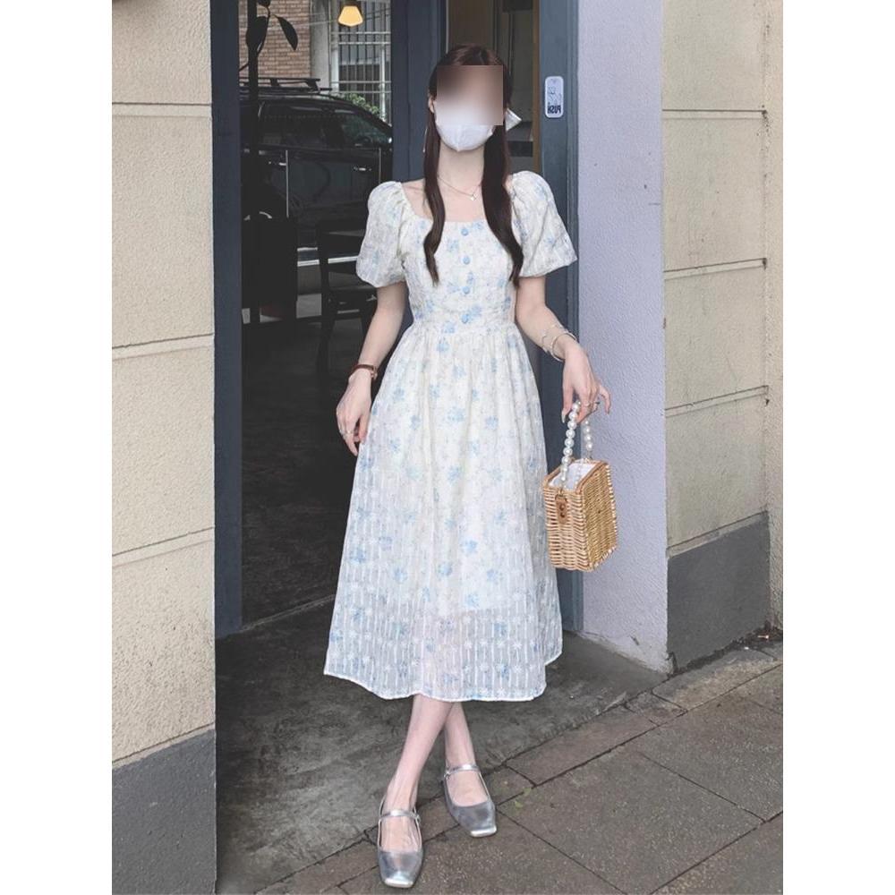 Seaside Vacation Square Collar Floral Dress for Women's Summer Waist and Thin Bubble Short-sleeved Long Skirt
