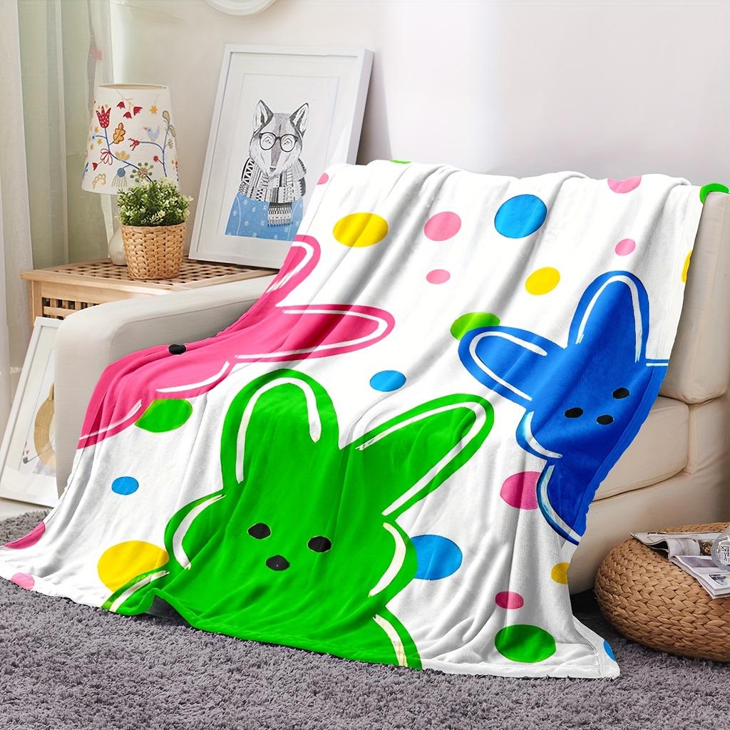 Colorful Easter Bunny Pattern Flannel Throw, Soft Cozy Ideal for Bed Sofa Office Naps Travel Camping, All-Season Gift