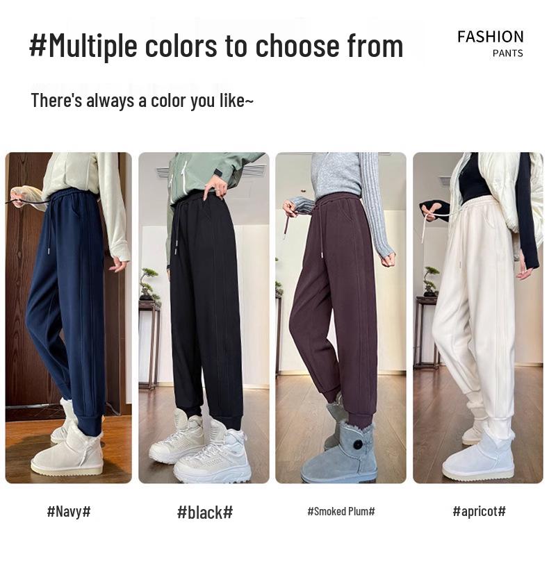 Women's Dark Blue Fleece-Lined Windproof Harem Sweatpants - Loose, Cuffed, Thick, and Warm for Autumn and Winter