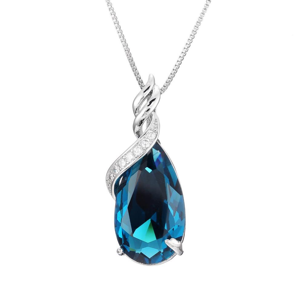 925 Silver Plated Fashion Necklace Blue Topaz Teardrop Pendant Synthetic Crystal Jewelry for Women
