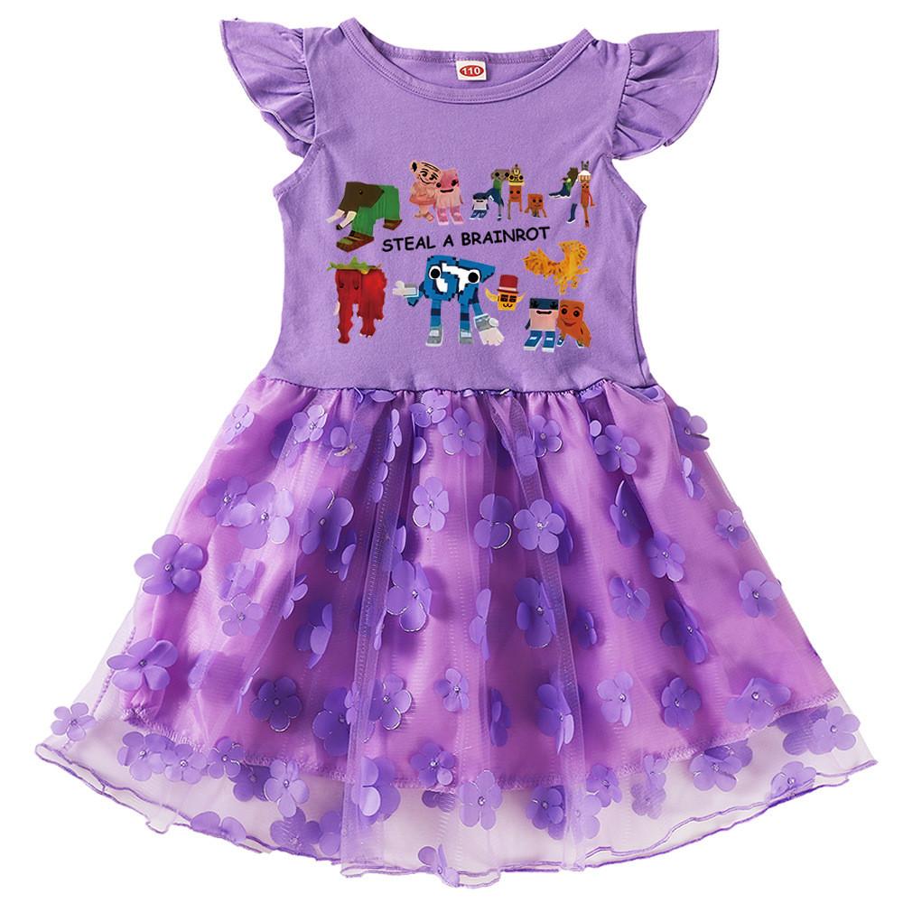 

9191 Детское Платье для Девочек Steal a Brainrot 67 Шесть Семь Принт Волан Короткий Рукав Хлопок Повседневное Цветочное Сетка 140cm фиолетовый