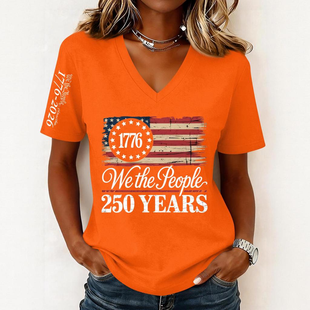 Women’s Fashion Casual Short Sleeve V Neck Pullover Top with 1776 and We the People 250 Years Graphic Print for Everyday Wear