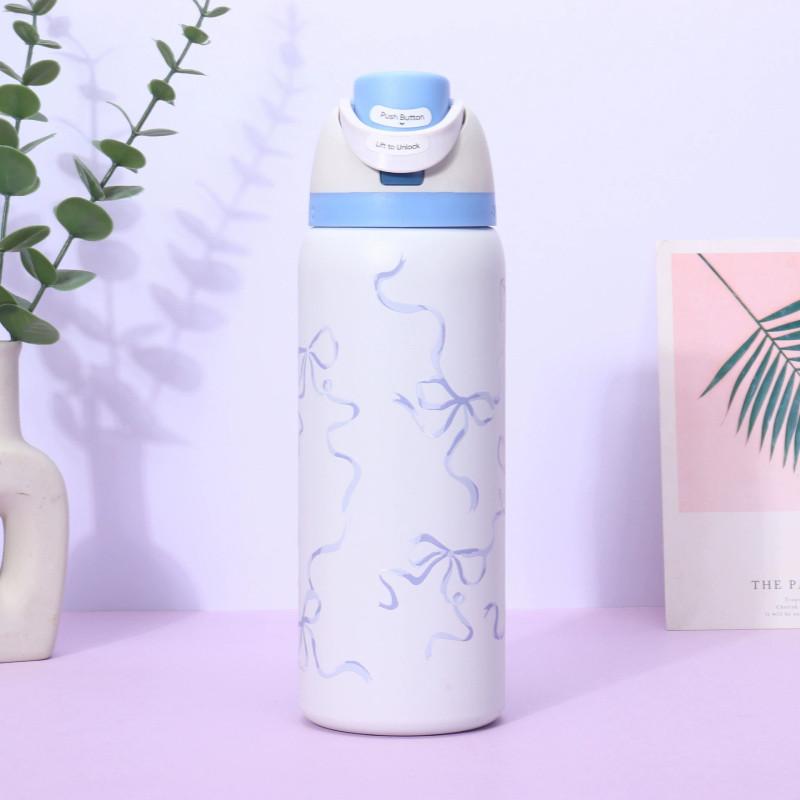 Ribbon Bow Pattern Print Water Bottle Thermos Cup For Sports Travel School Gift