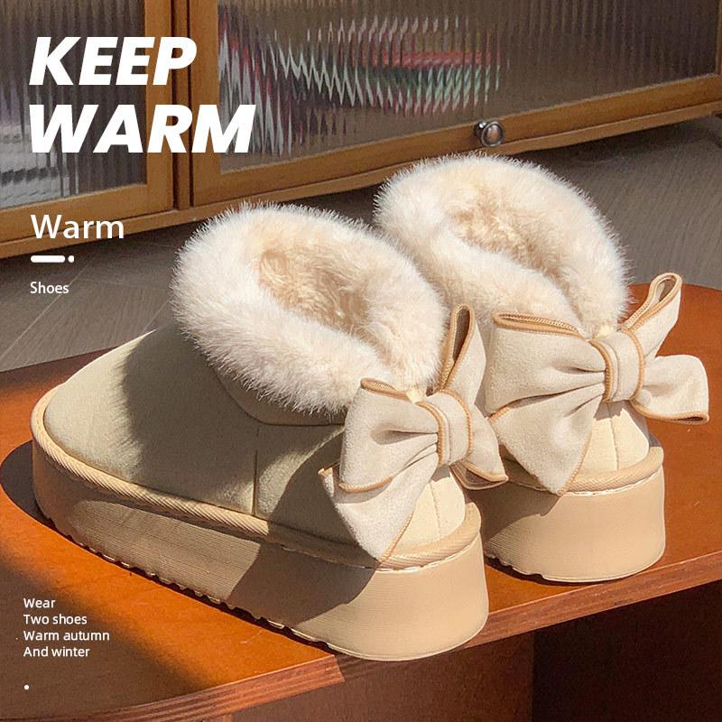 

Winter new cotton boots women s shoes bow girl velvet thickened warm cotton drag thick sole small man 40-41