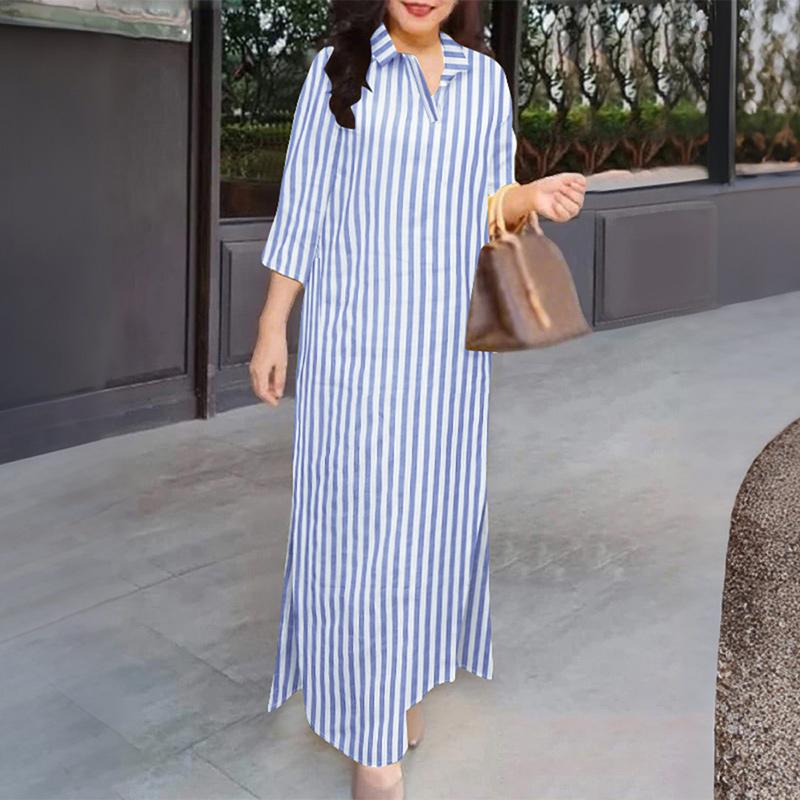 ZANZEA Women Casual Turn Down Collar Loose Short Sleeve Stripe Shirt Dress