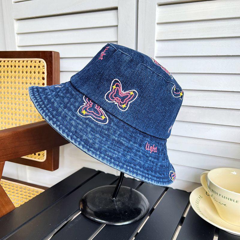 Fashion Butterfly Embroidery Fisherman Hat for Women Blue Denim Wide Brim Sunshade Dome Bucket Hat Girls Ladies Outdoor Hat