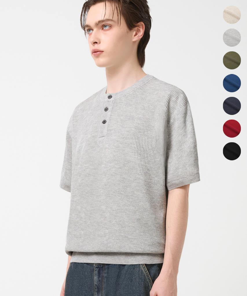 TRILLION Washable Linen Crop Henley Neck Short Sleeve Knit_7 Colors (Type A)
