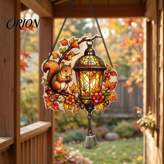 Weatherproof Hanging Decoration Vintage Lantern Bird Flower Ornament, Stained Glass Acrylic Window Squirrel Decor, Door with Bell Ornament