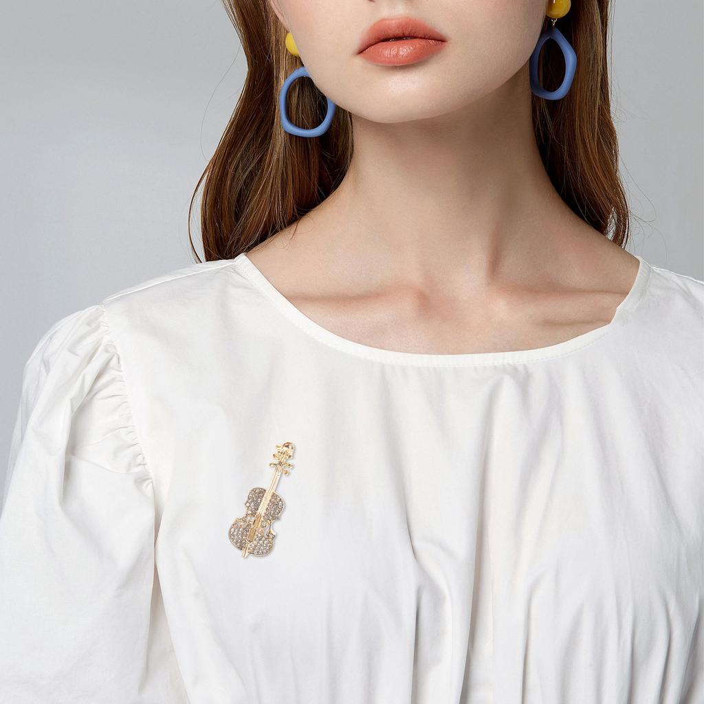 Golden Vintage Guitar Brooch Pin Rhinestone Crystal Musical Instrument Violin Brooch for Men Women Dress Suit Coat Hat