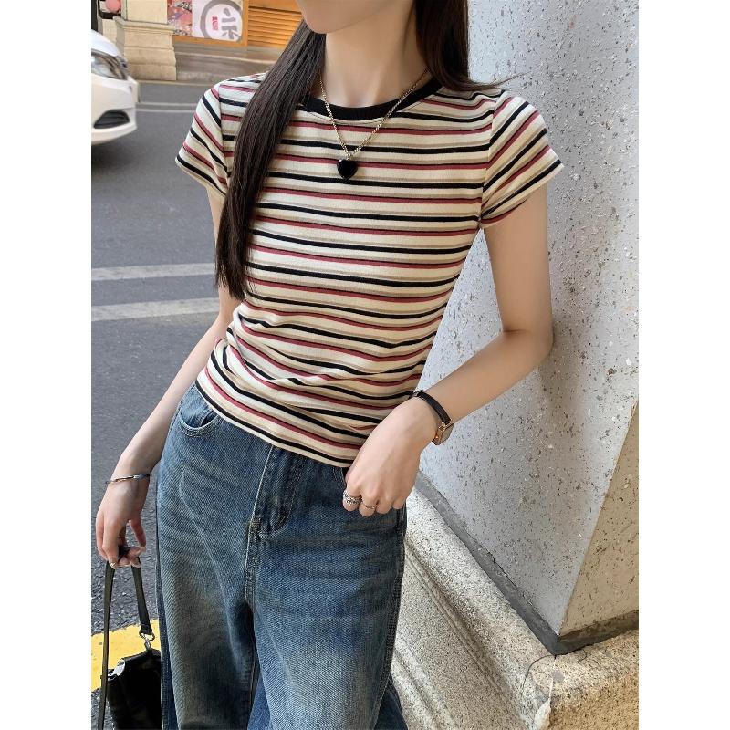 2026 Summer New Style Contrast Color Striped Short Sleeve T-Shirt for Women, Slim Fit and Versatile Top