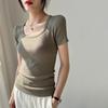 Women's Ribbed Square Neck Cotton T-Shirt: High-Elastic Short Sleeve, Stylish Slim Fit, Summer 2025 Collection