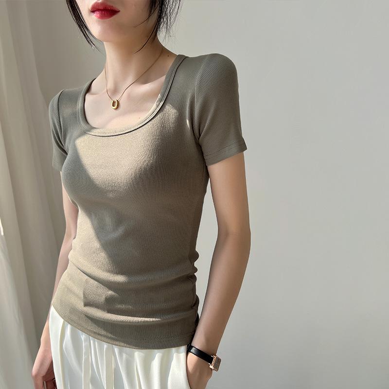Women's Ribbed Square Neck Cotton T-Shirt: High-Elastic Short Sleeve, Stylish Slim Fit, Summer 2025 Collection