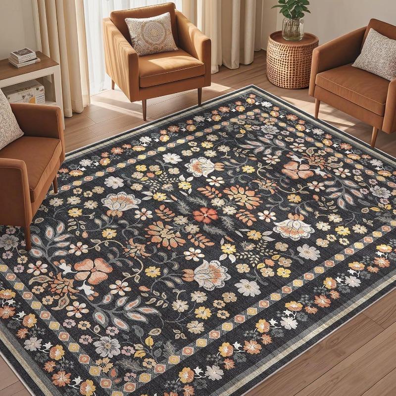 Boh Rural Style Plants and Flowers Print Large Area Rug Design Non-Slip Carpet for Living Room Bedroom Soft Floor Mat Home Decor