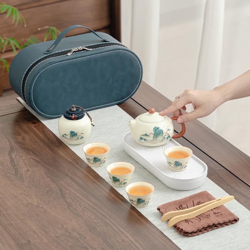 Huang Ru Kiln Splendid Xishi Travel Tea Set Ceramic Kuaike Cup Portable One Pot Four Cups Company Business