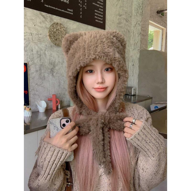Bear Ears Woolen Knitted Hat for Women In Winter Showing Face Small Plush Cute Ear Protection Warm Big Headband Cold Hat